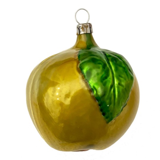 Large Yellow Apple with Leaf Blown Glass Ornament ~ Germany ~ 3" tall