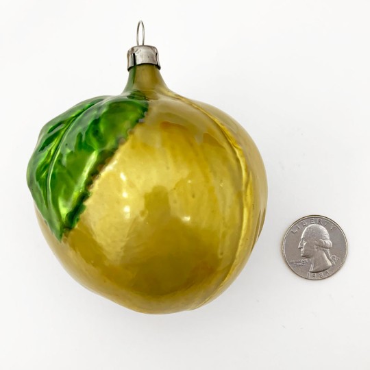 Large Yellow Apple with Leaf Blown Glass Ornament ~ Germany ~ 3" tall