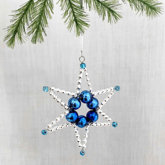 Blue and Silver Glass Bead Star Ornament ~ 2-5/8" ~ Czech Republic