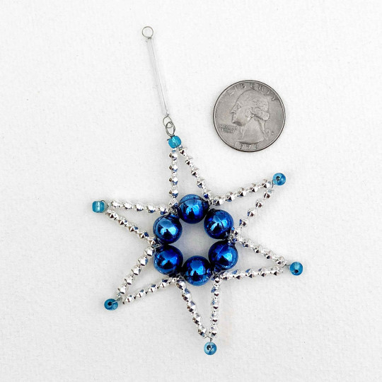 Blue and Silver Glass Bead Star Ornament ~ 2-5/8" ~ Czech Republic