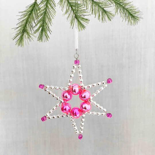 Pink and Silver Glass Bead Star Ornament ~ 2-5/8" ~ Czech Republic