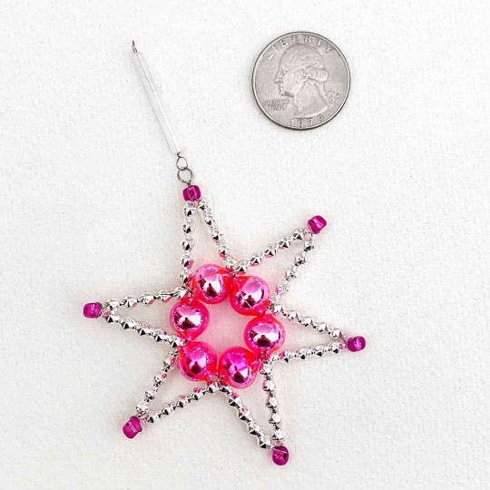 Pink and Silver Glass Bead Star Ornament ~ 2-5/8" ~ Czech Republic