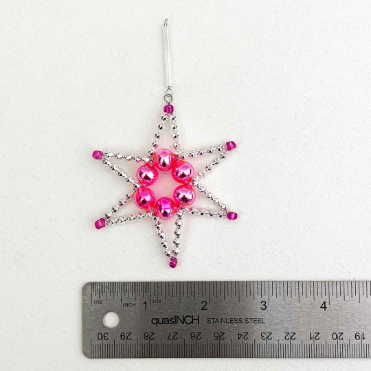 Pink and Silver Glass Bead Star Ornament ~ 2-5/8" ~ Czech Republic