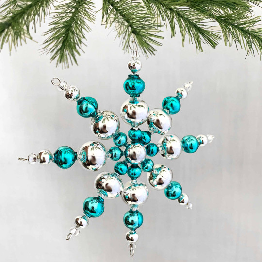 SIlver and Aqua Glass Bead Snowflake Ornament ~ 4" ~ Czech Republic