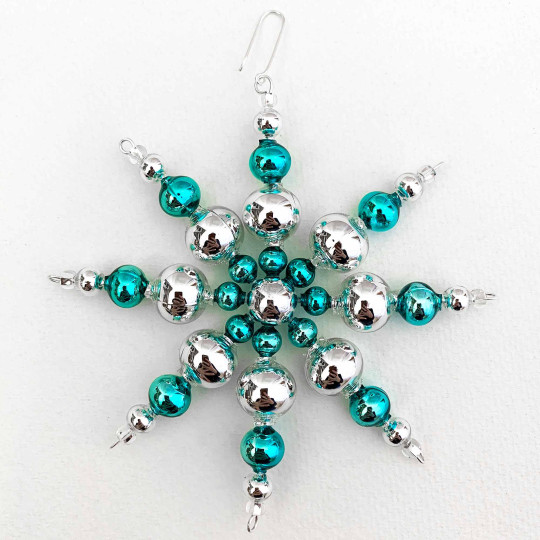 SIlver and Aqua Glass Bead Snowflake Ornament ~ 4" ~ Czech Republic