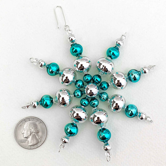 SIlver and Aqua Glass Bead Snowflake Ornament ~ 4" ~ Czech Republic