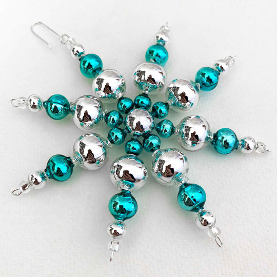 SIlver and Aqua Glass Bead Snowflake Ornament ~ 4" ~ Czech Republic