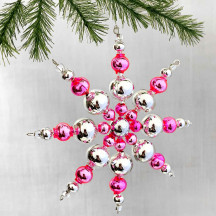 SIlver and Hot Pink Glass Bead Snowflake Ornament ~ 4" ~ Czech Republic