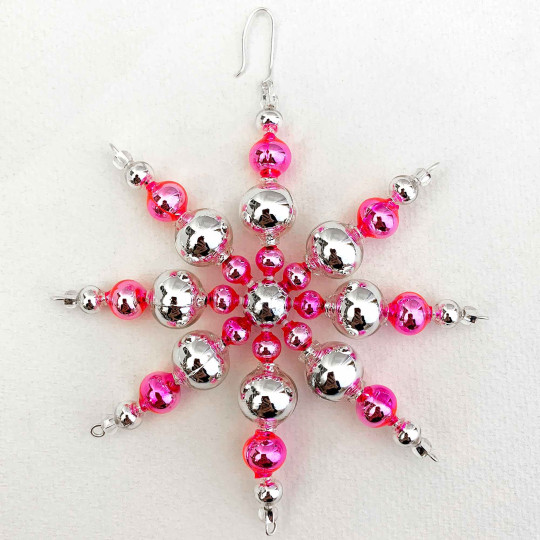 SIlver and Hot Pink Glass Bead Snowflake Ornament ~ 4" ~ Czech Republic