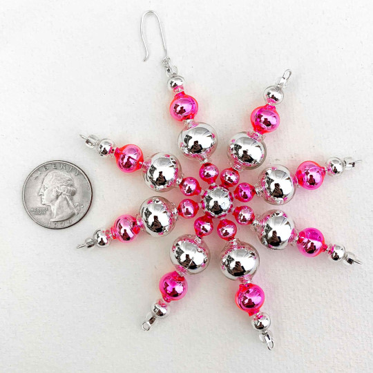 SIlver and Hot Pink Glass Bead Snowflake Ornament ~ 4" ~ Czech Republic