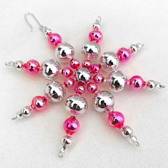SIlver and Hot Pink Glass Bead Snowflake Ornament ~ 4" ~ Czech Republic