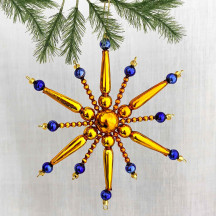 Blue and Gold Glass Bead Retro Atomic Star Ornament ~ 5" ~ Czech Republic
