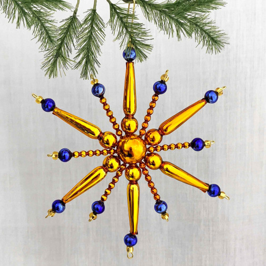 Blue and Gold Glass Bead Retro Atomic Star Ornament ~ 5" ~ Czech Republic