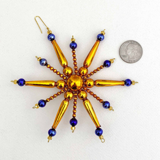 Blue and Gold Glass Bead Retro Atomic Star Ornament ~ 5" ~ Czech Republic