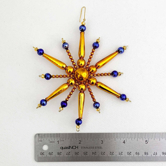 Blue and Gold Glass Bead Retro Atomic Star Ornament ~ 5" ~ Czech Republic