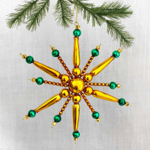 Green and Gold Glass Bead Retro Atomic Star Ornament ~ 5" ~ Czech Republic
