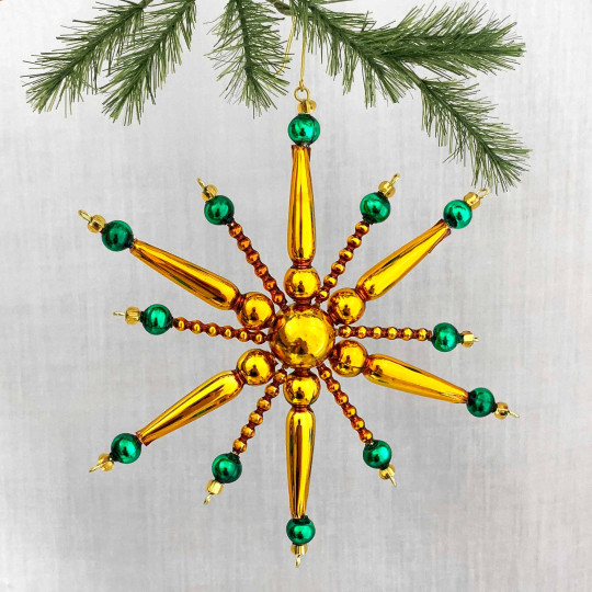 Green and Gold Glass Bead Retro Atomic Star Ornament ~ 5" ~ Czech Republic