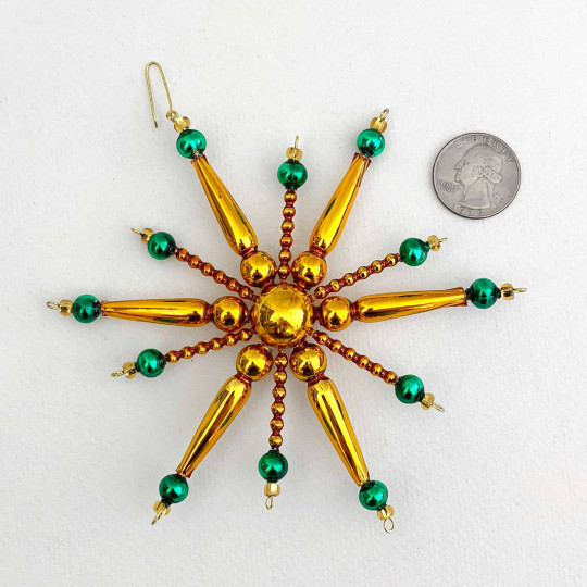 Green and Gold Glass Bead Retro Atomic Star Ornament ~ 5" ~ Czech Republic