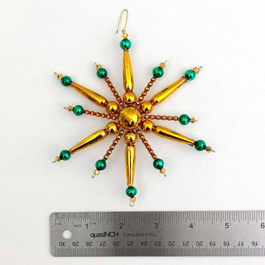 Green and Gold Glass Bead Retro Atomic Star Ornament ~ 5" ~ Czech Republic