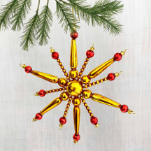 Red and Gold Glass Bead Retro Atomic Star Ornament ~ 5" ~ Czech Republic
