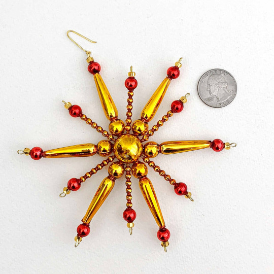 Red and Gold Glass Bead Retro Atomic Star Ornament ~ 5" ~ Czech Republic