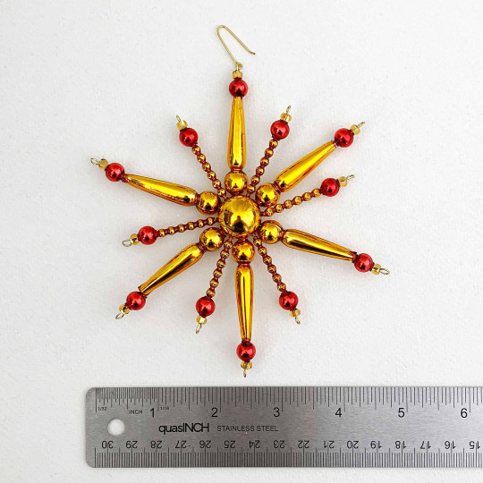 Red and Gold Glass Bead Retro Atomic Star Ornament ~ 5" ~ Czech Republic