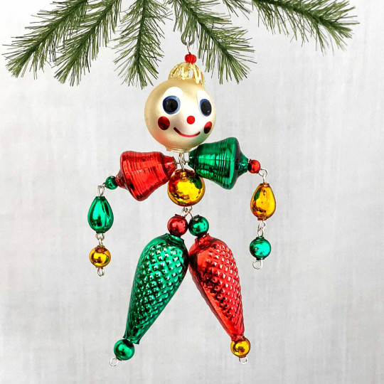 Red and Green Glass Bead Figure Ornament ~ 5" tall ~ Czech Republic