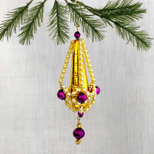 Gold and Purple Fancy Drop Glass Bead Christmas Ornament ~ 3-5/8" long ~ Czech Republic