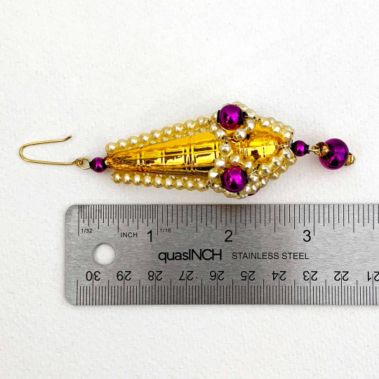Gold and Purple Fancy Drop Glass Bead Christmas Ornament ~ 3-5/8" long ~ Czech Republic
