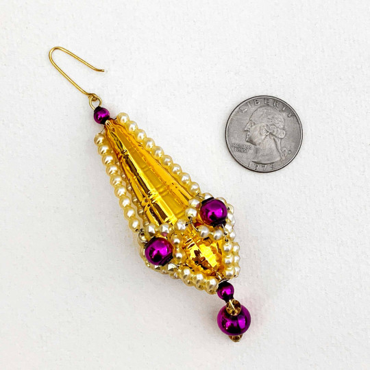 Gold and Purple Fancy Drop Glass Bead Christmas Ornament ~ 3-5/8" long ~ Czech Republic