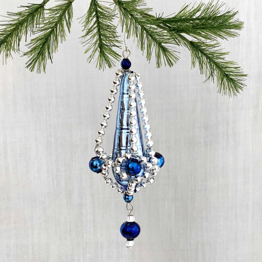 Blue and SIlver Fancy Drop Glass Bead Christmas Ornament ~ 3-5/8" long ~ Czech Republic