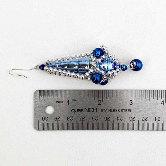 Blue and SIlver Fancy Drop Glass Bead Christmas Ornament ~ 3-5/8" long ~ Czech Republic