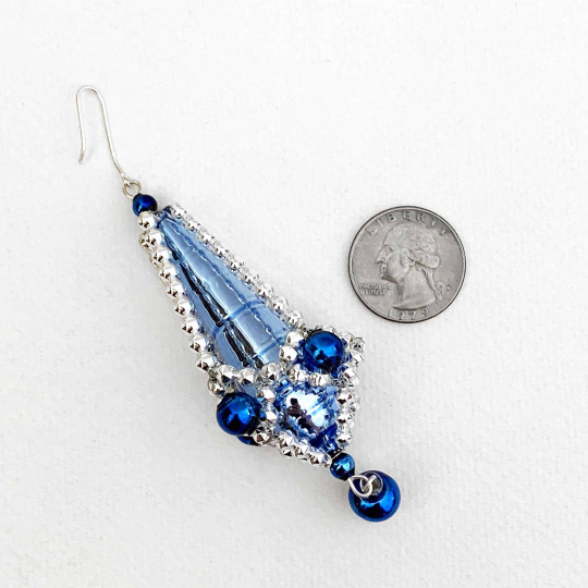 Blue and SIlver Fancy Drop Glass Bead Christmas Ornament ~ 3-5/8" long ~ Czech Republic