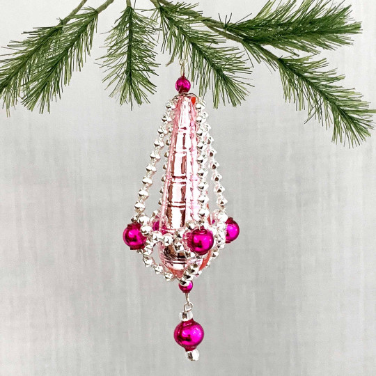 Pink and SIlver Fancy Drop Glass Bead Christmas Ornament ~ 3-5/8" long ~ Czech Republic