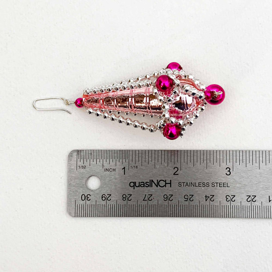 Pink and SIlver Fancy Drop Glass Bead Christmas Ornament ~ 3-5/8" long ~ Czech Republic