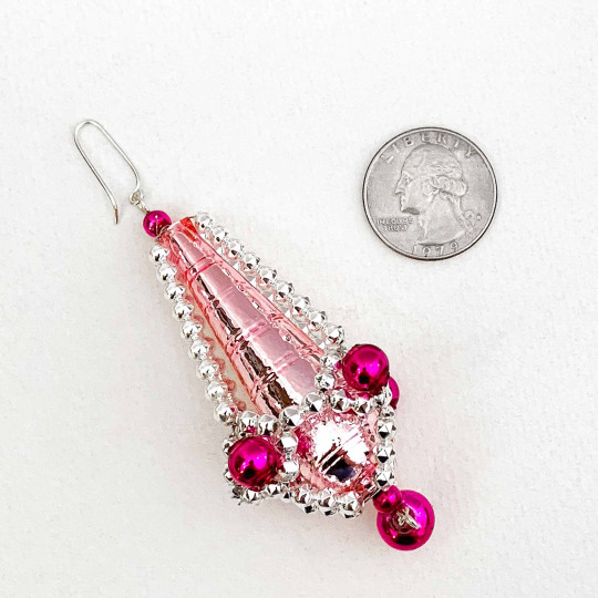 Pink and SIlver Fancy Drop Glass Bead Christmas Ornament ~ 3-5/8" long ~ Czech Republic