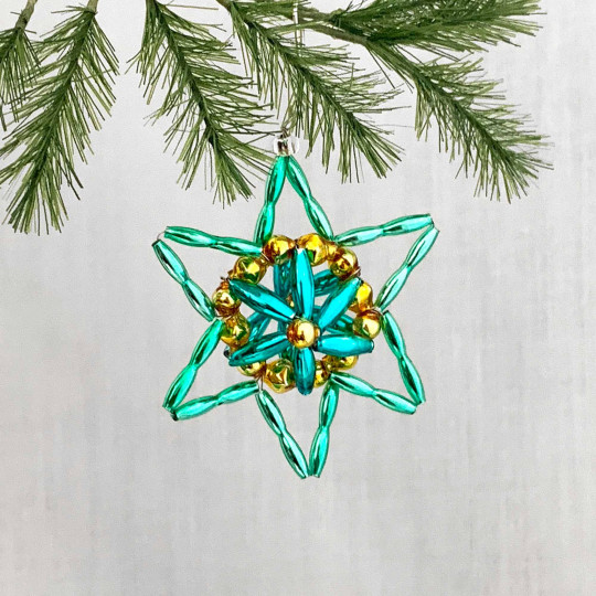 Light Green, Aqua and Gold Fancy Star Glass Bead Ornament ~ 2-1/4" ~ Czech Republic
