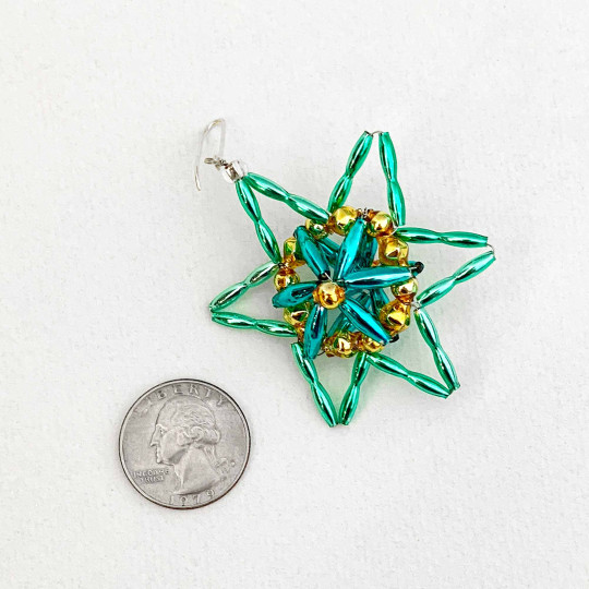 Light Green, Aqua and Gold Fancy Star Glass Bead Ornament ~ 2-1/4" ~ Czech Republic