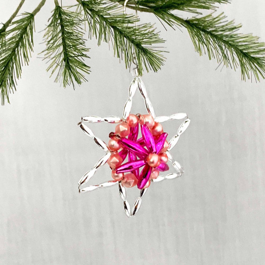 Pink and Silver Fancy Star Glass Bead Ornament ~ 2-1/4" ~ Czech Republic