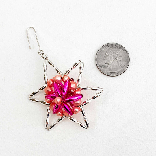 Pink and Silver Fancy Star Glass Bead Ornament ~ 2-1/4" ~ Czech Republic