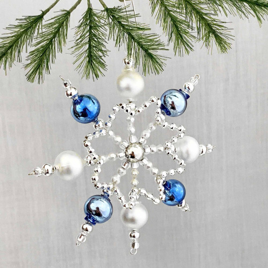 Blue and SIlver Glass Bead Cinderella Snowflake Ornament ~ 4" ~ Czech Republic