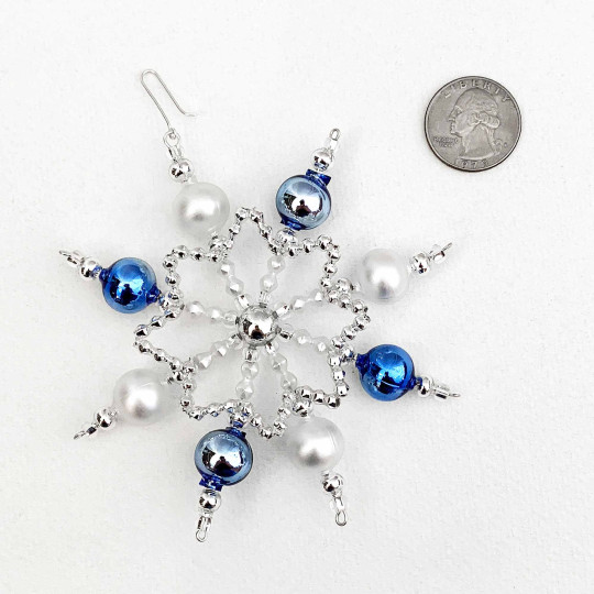Blue and SIlver Glass Bead Cinderella Snowflake Ornament ~ 4" ~ Czech Republic