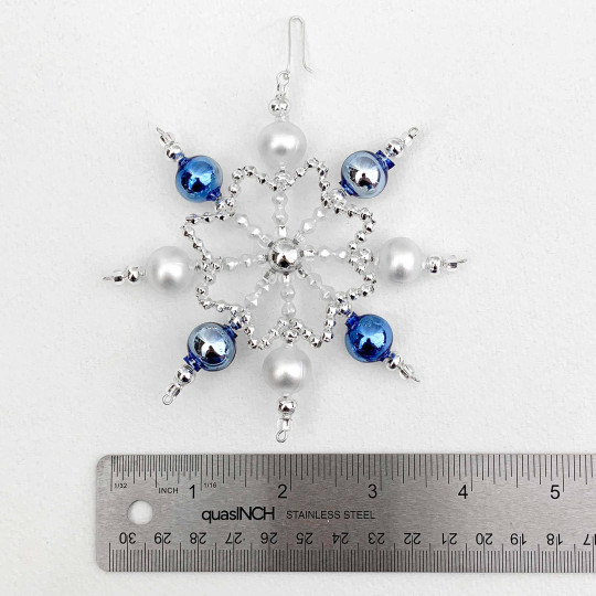 Blue and SIlver Glass Bead Cinderella Snowflake Ornament ~ 4" ~ Czech Republic
