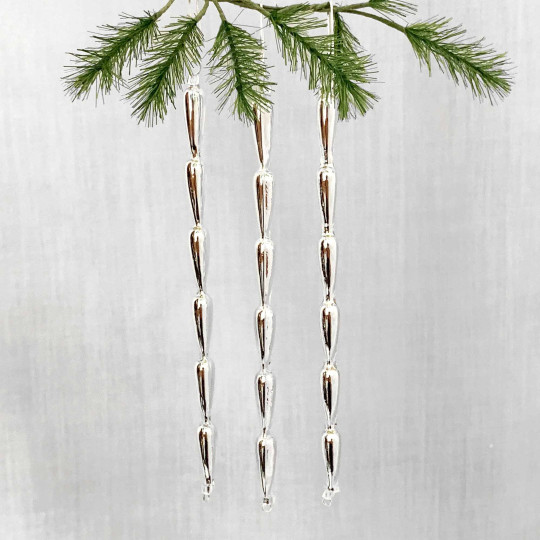 Set of 3 Silver Glass Icicle Ornaments ~ 5-1/2" long ~ Czech Republic