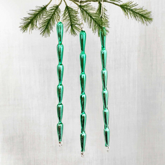 Set of 3 Light Green Glass Icicle Ornaments ~ 5-1/2" long ~ Czech Republic