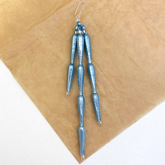Fancy Pearl Light Blue Glass Icicle Ornament ~ 6" long ~ Czech Republic