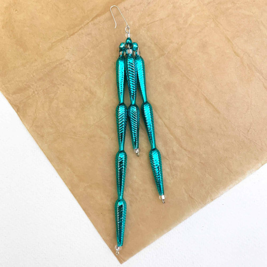 Fancy Aqua Glass Icicle Ornament ~ 6" long ~ Czech Republic