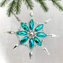 SIlver and Aqua Glass Bead Fancy Snowflake Ornament ~ 5" ~ Czech Republic