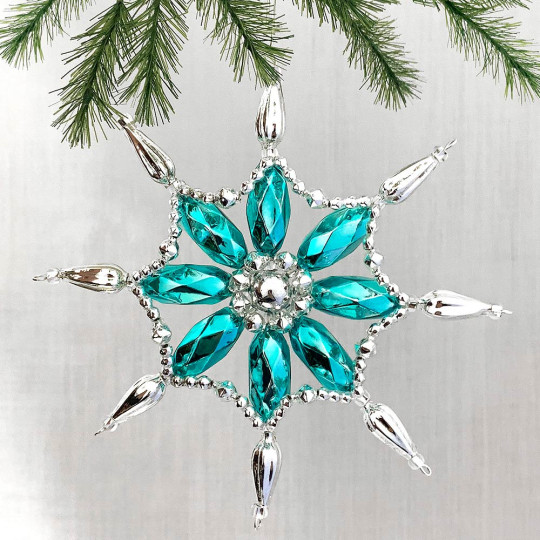 SIlver and Aqua Glass Bead Fancy Snowflake Ornament ~ 5" ~ Czech Republic