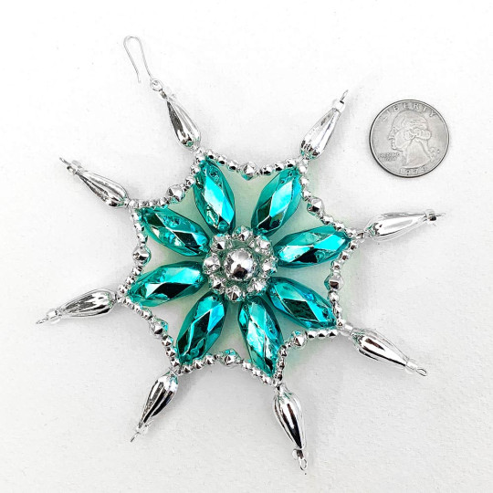 SIlver and Aqua Glass Bead Fancy Snowflake Ornament ~ 5" ~ Czech Republic